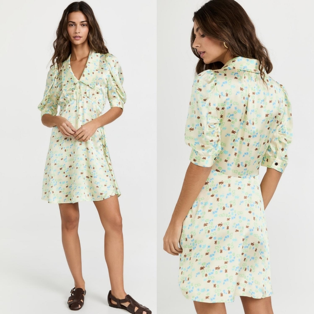 Lee Matthews Bella 100% silk satin pointed collar puff sleeve floral mini dress